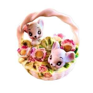 Josef Originals Vintage Ceramic Mouse In A Basket Figurine